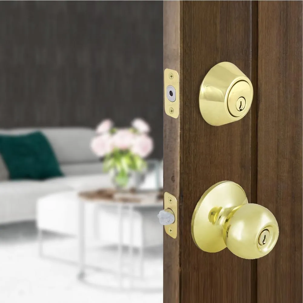 Saturn Polished Brass Entry Knob and Single Cylinder Deadbolt Combo Pack with SC1 Keyway, photo 2 of 5