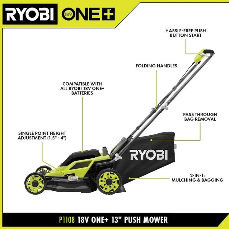 RYOBI 13 in. ONE+ 18-Volt Lithium-Ion Battery Walk Behind Push Lawn Mower & String Trimmer - 4.0 Ah Battery/Charger Included, photo 3 of 7