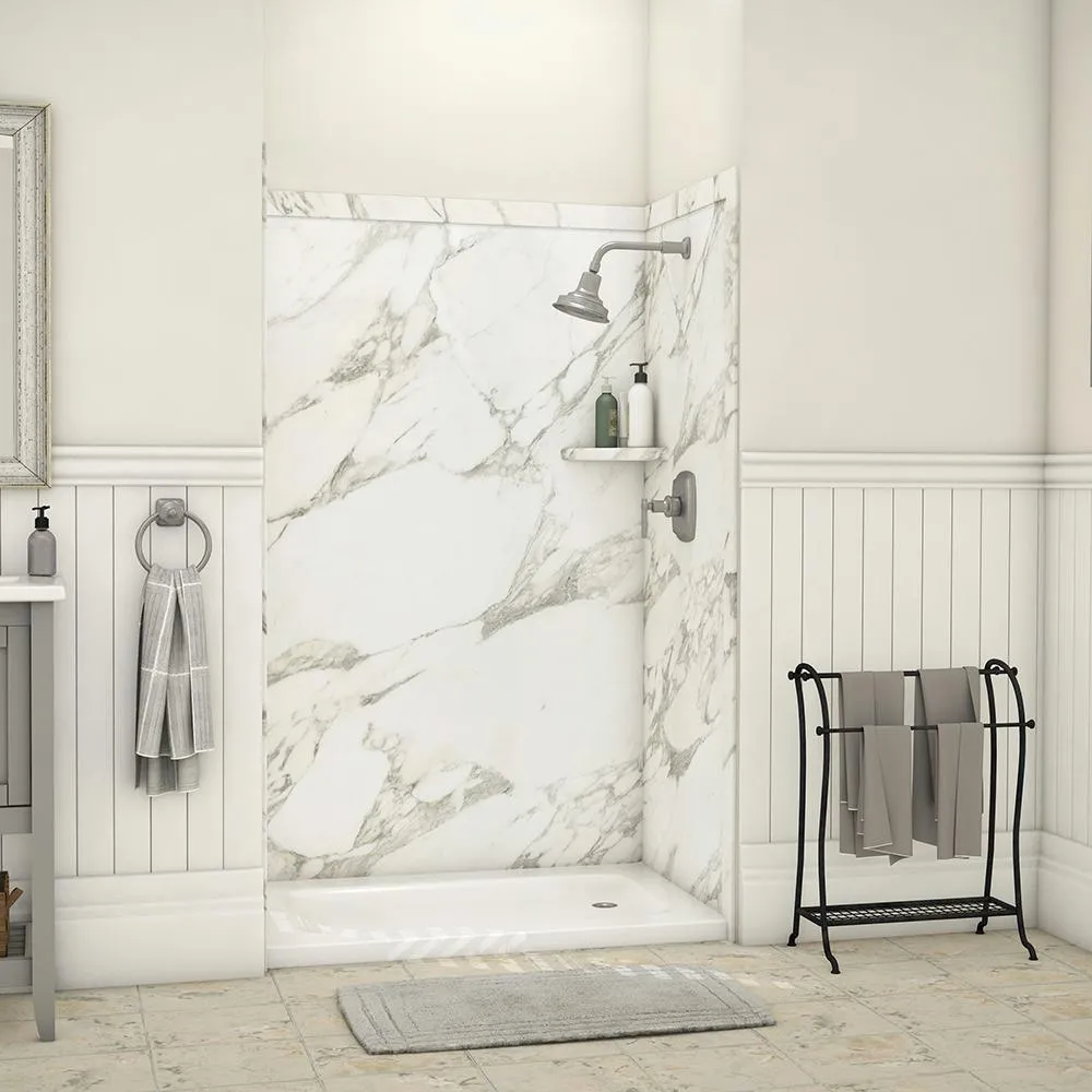 Elegance 36 in. x 48 in. x 80 in. 9-Piece Easy Up Adhesive Alcove Shower Wall Surround in Calacatta White, photo 19 of 24