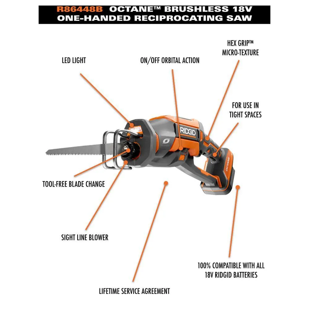 RIDGID 18-Volt OCTANE Cordless Brushless One-Handed Reciprocating Saw with 18-Volt Lithium-Ion 2.0 Ah Battery and Charger Kit, photo 3 of 14