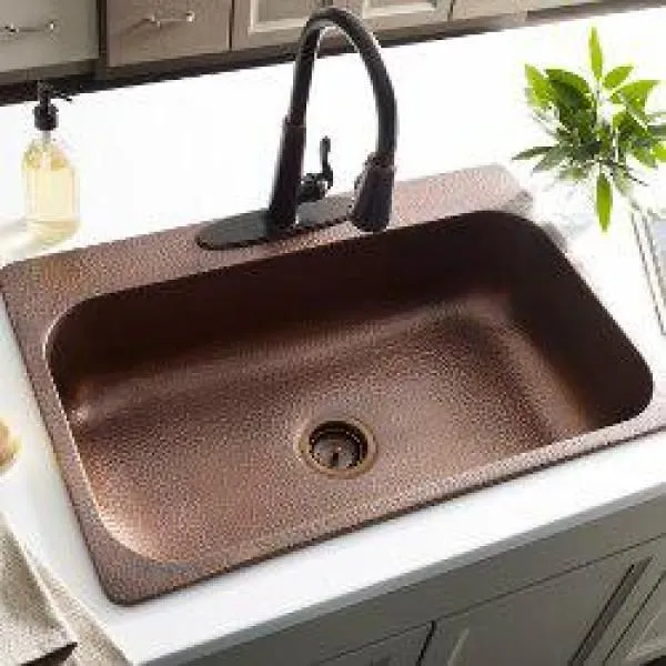 Angelico All-In-One Copper Drop-In 33 in. 3-Hole Single Bowl Kitchen Sink with Pfister Bronze Faucet and Drain, photo 3 of 5