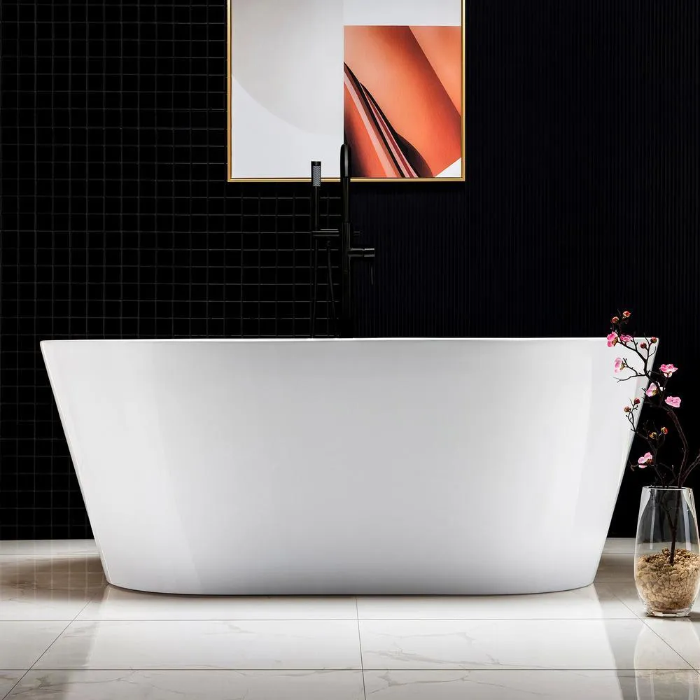 WOODBRIDGE Camden 59 in. Acrylic Freestanding Double-Ended Soaking Bathtub with Drain and Overflow, White, photo 4 of 9