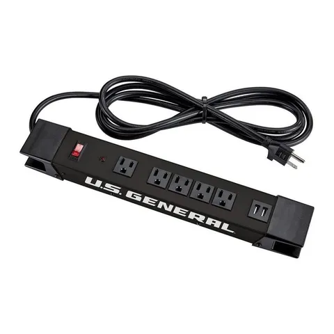 5-Outlet Magnetic Power Strip with Metal Housing and 2 USB Ports, Black