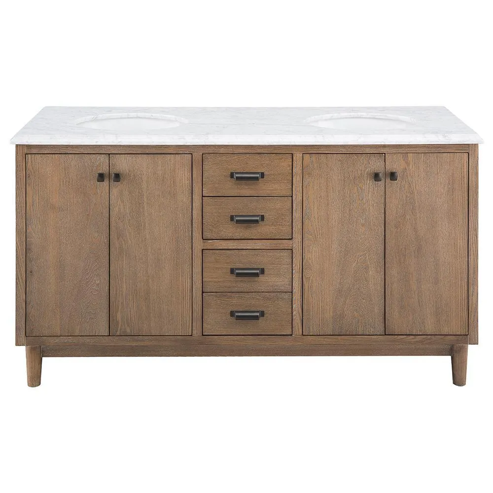 Brisbane 61 in. W x 22 in. D Double Bath Vanity in Weathered Grey Oak with Natural Marble Vanity Top in White, photo 8 of 11