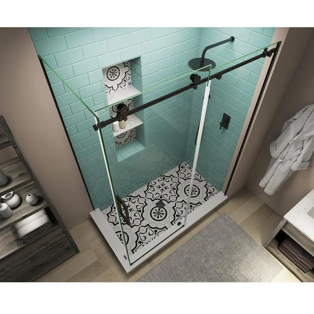 60 in. - 64 in. x 34 in. x 80 in. Frameless Corner Sliding Shower Enclosure Clear Glass in Oil Rubbed Bronze Left, photo 2 of 11