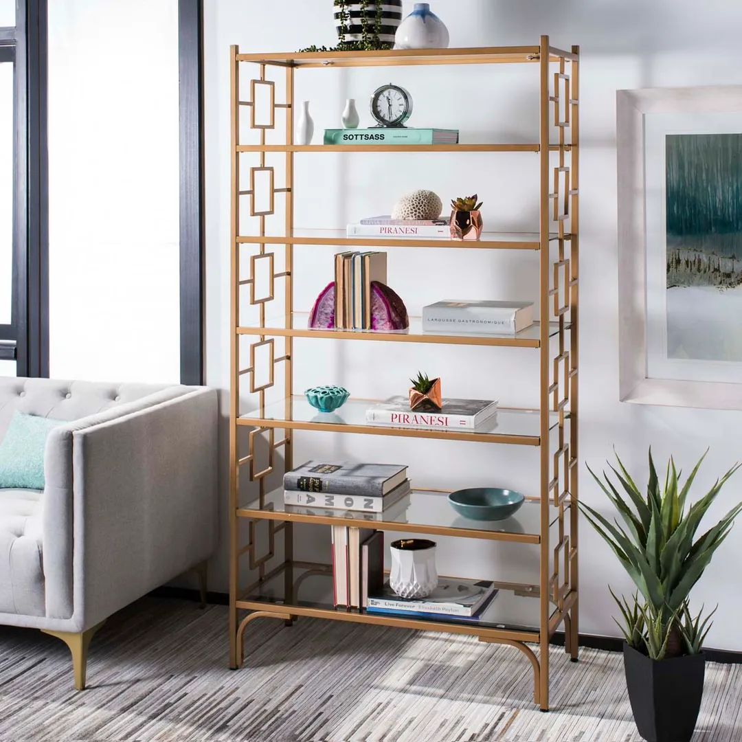 Safavieh Brooklyn Gold/Clear Metal Etagere, 7-Tier, 36 x 16 x 72 in., in a room, photo 2 of 6