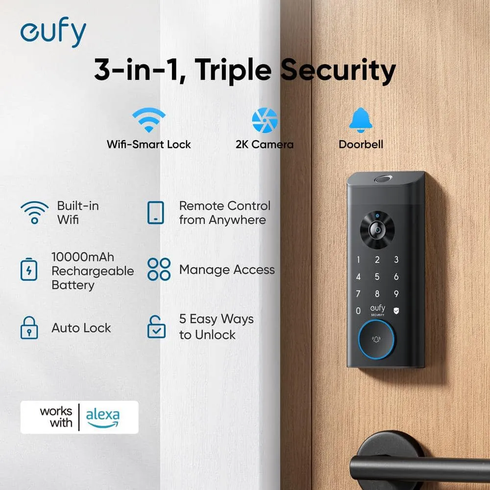 eufy Security E330 Black Video Smart Lock WiFi 3-in-1 Camera, Doorbell, and Fingerprint Keyless Entry Door Lock with Built-In Chime, photo 2 of 11