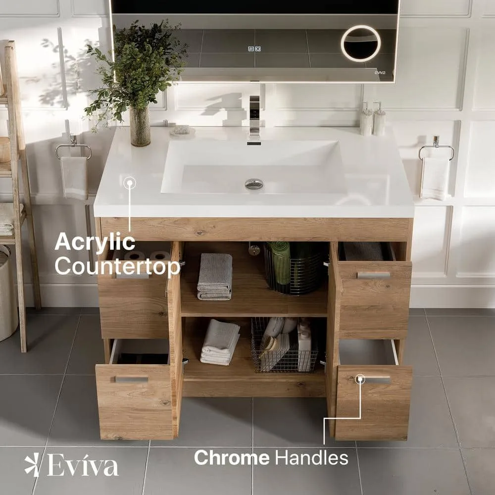 Eviva Lugano 42 in. W x 19 in. D x 36 in. H Single Bath Vanity in Natural Oak with White Acrylic Top and White Integrated Sink, photo 3 of 3