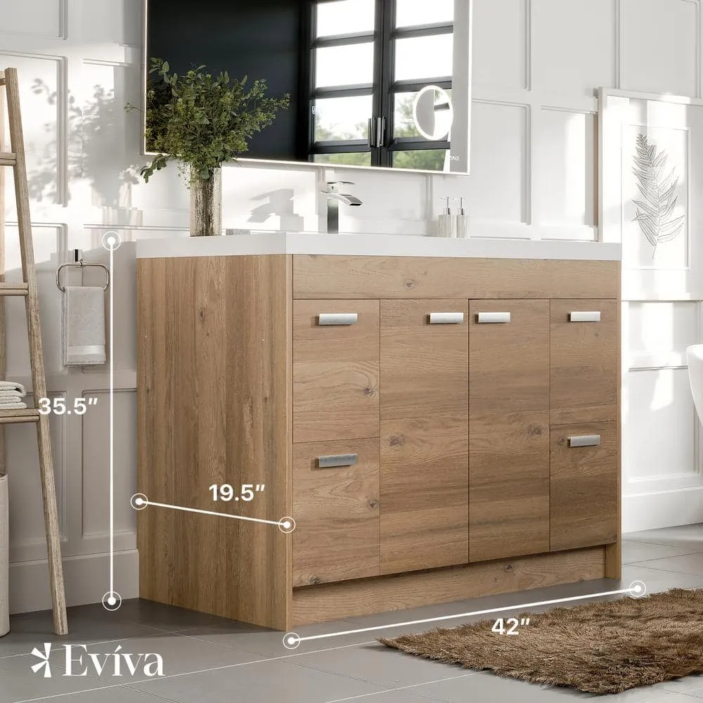 Eviva Lugano 42 in. W x 19 in. D x 36 in. H Single Bath Vanity in Natural Oak with White Acrylic Top and White Integrated Sink, photo 2 of 3