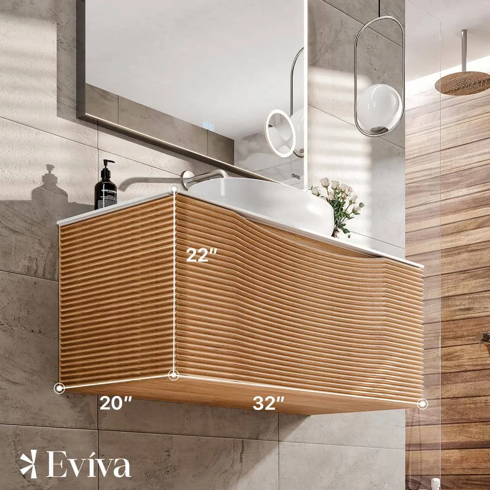 Eviva Leah 32 in. W Solid Wood Single Sink Floating Bath Vanity in Medium Oak with White Solid Surface Top, photo 3 of 3