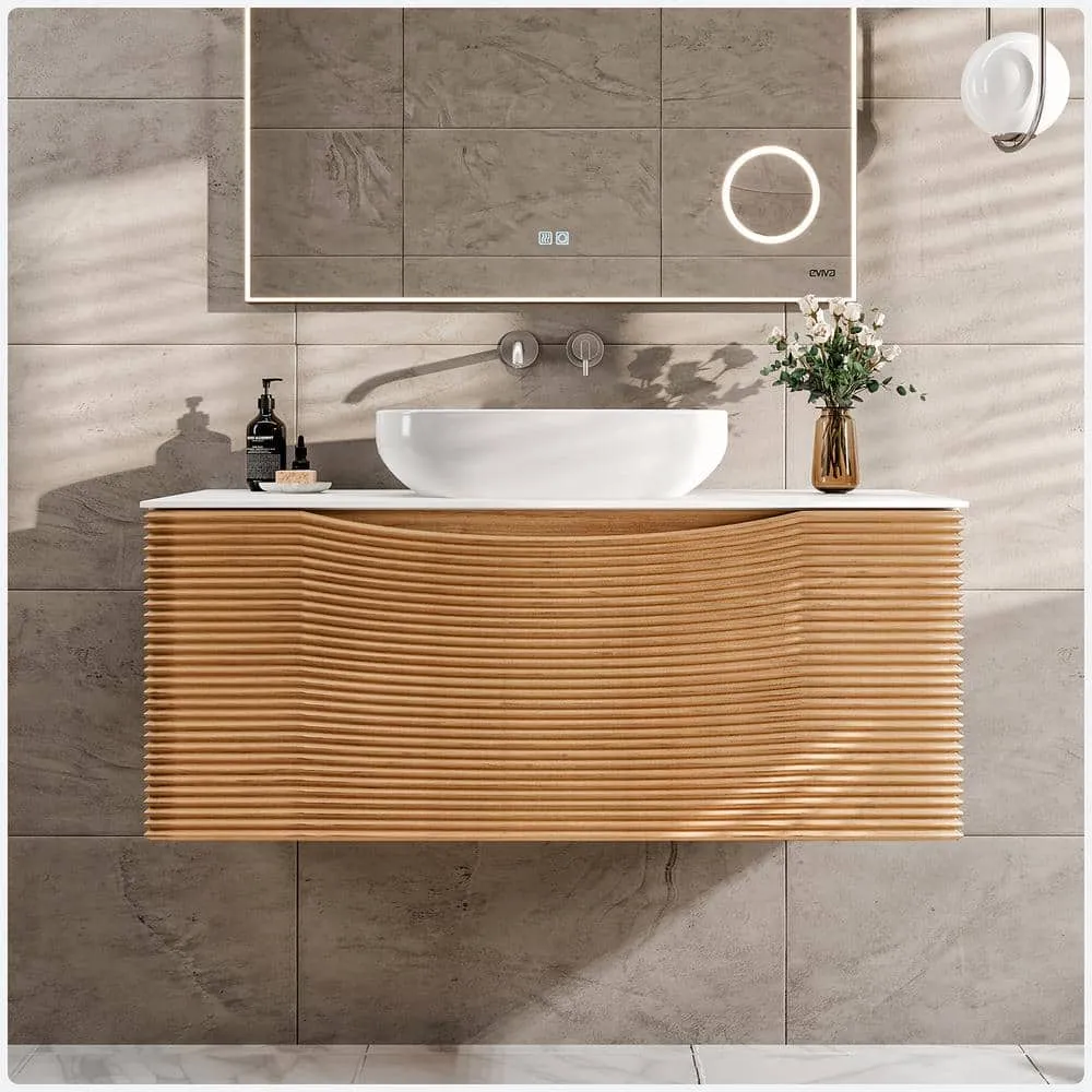 Eviva Leah 32 in. W Solid Wood Single Sink Floating Bath Vanity in Medium Oak with White Solid Surface Top, photo 2 of 3