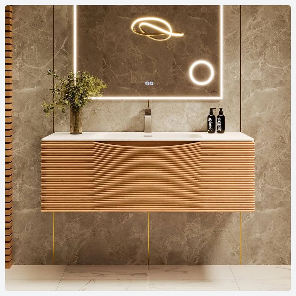 Eviva Leah 39 in. W Solid Wood Single Sink Bath Vanity Floating in Medium Oak with White Solid Surface Top, photo 2 of 3