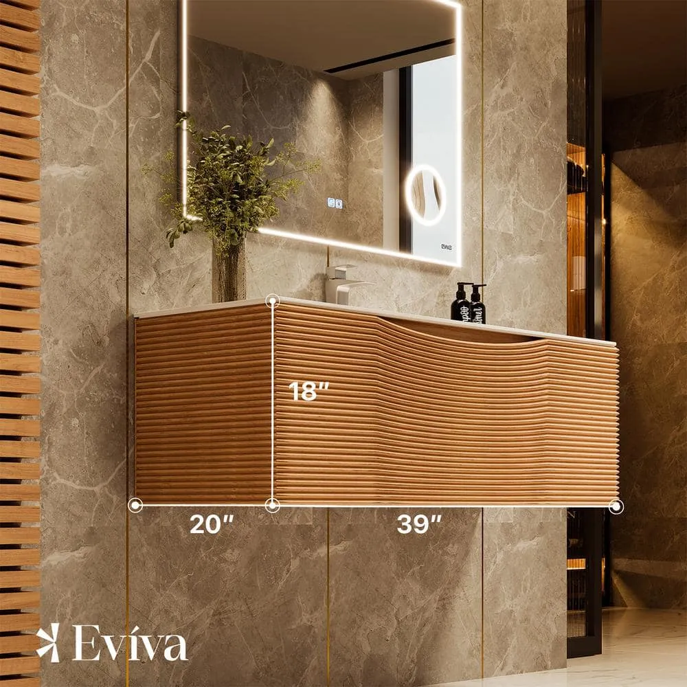 Eviva Leah 39 in. W Solid Wood Single Sink Bath Vanity Floating in Medium Oak with White Solid Surface Top, photo 3 of 3
