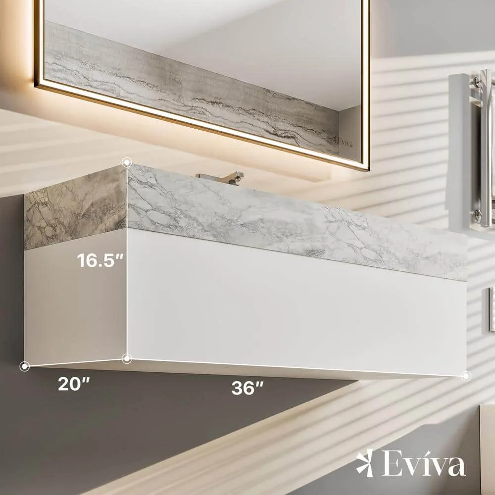 Eviva Fritti 36 in. W x 19 in. D x 12.5 in. H Bathroom Vanity in White with White Carrara Marble Top with Trough Sink, photo 3 of 4