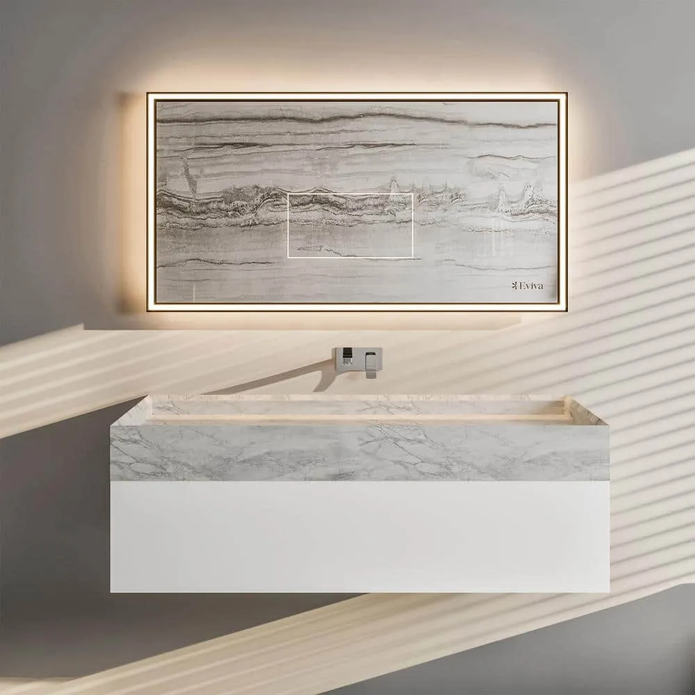 Eviva Fritti 36 in. W x 19 in. D x 12.5 in. H Bathroom Vanity in White with White Carrara Marble Top with Trough Sink, photo 2 of 4