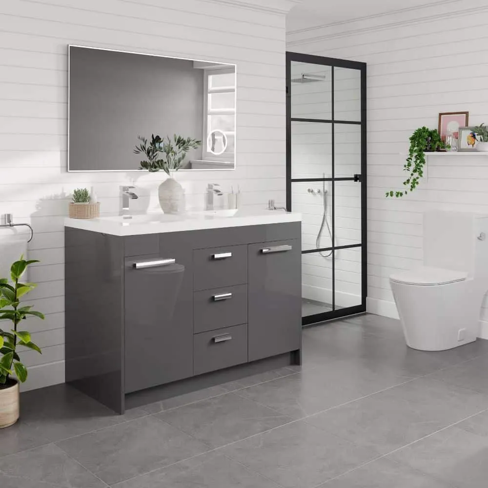 Eviva Lugano 48 in. W x 19 in. D x 36 in. H Double Bath Vanity in Cement Gray with White Acrylic Top and Integrated Sinks, photo 7 of 8