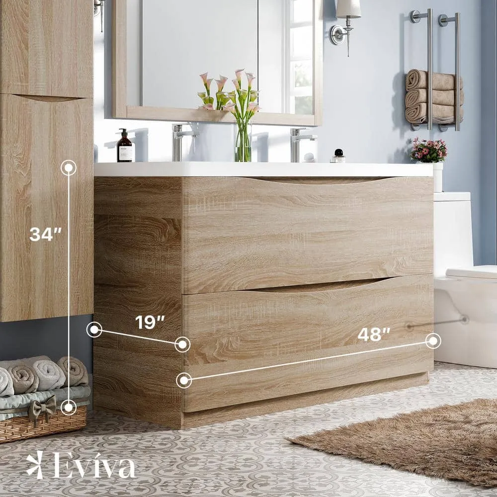 Eviva Smile 48 in. W x 19 in. D x 33.5 in. H Double Bathroom Vanity in White Oak with White Acrylic Top with White Sink, photo 2 of 3