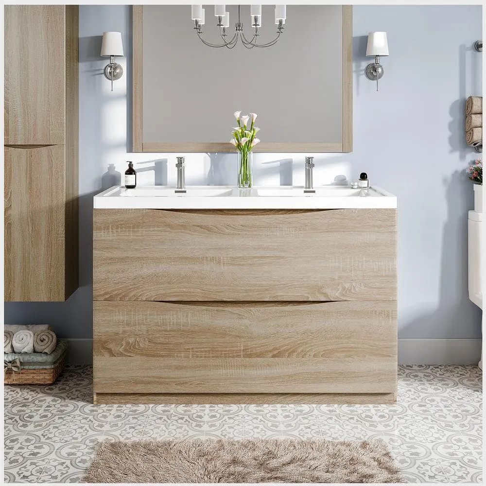 Eviva Smiley 48 in. W x 18 in. D x 32.5 in. H Freestanding Bath Vanity in White Oak with White Acrylic Top, photo 2 of 3
