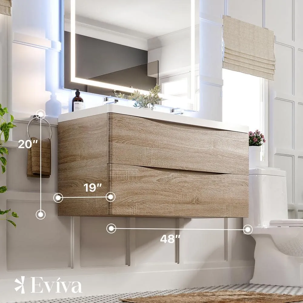 Eviva Smiley 48 in. W x 19 in. D x 21.5 in. H Floating Bath Vanity in White Oak with White Acrylic Top, photo 3 of 3