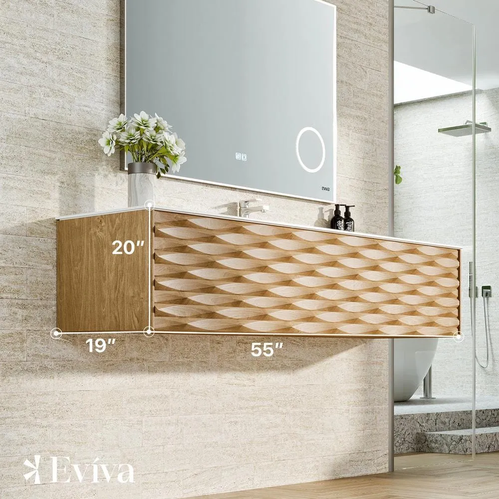 Eviva Oahu 55 in. W Solid Wood Floating Bath Vanity in Natural Oak with White Solid Surface Top, photo 3 of 3