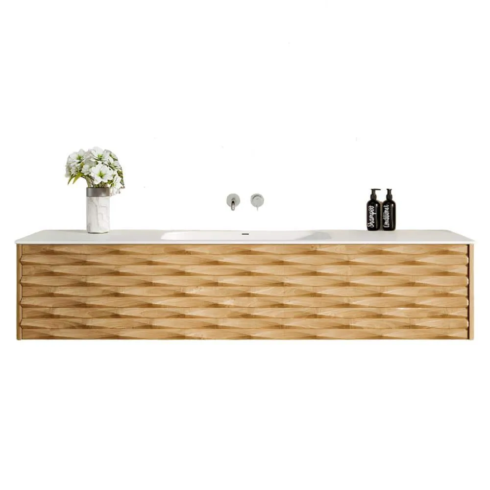 Eviva Oahu 55 in. W Solid Wood Floating Bath Vanity in Natural Oak with White Solid Surface Top, photo 2 of 3