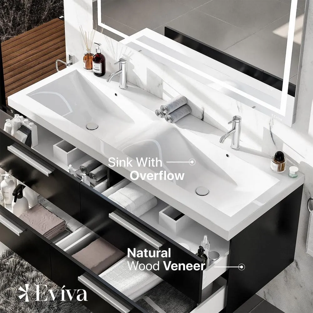 Eviva Surf 57 in. W x 19 in. D x 24 in. H Floating Bathroom Vanity, Black Wood, White Acrylic Double Sink Top, photo 5 of 8