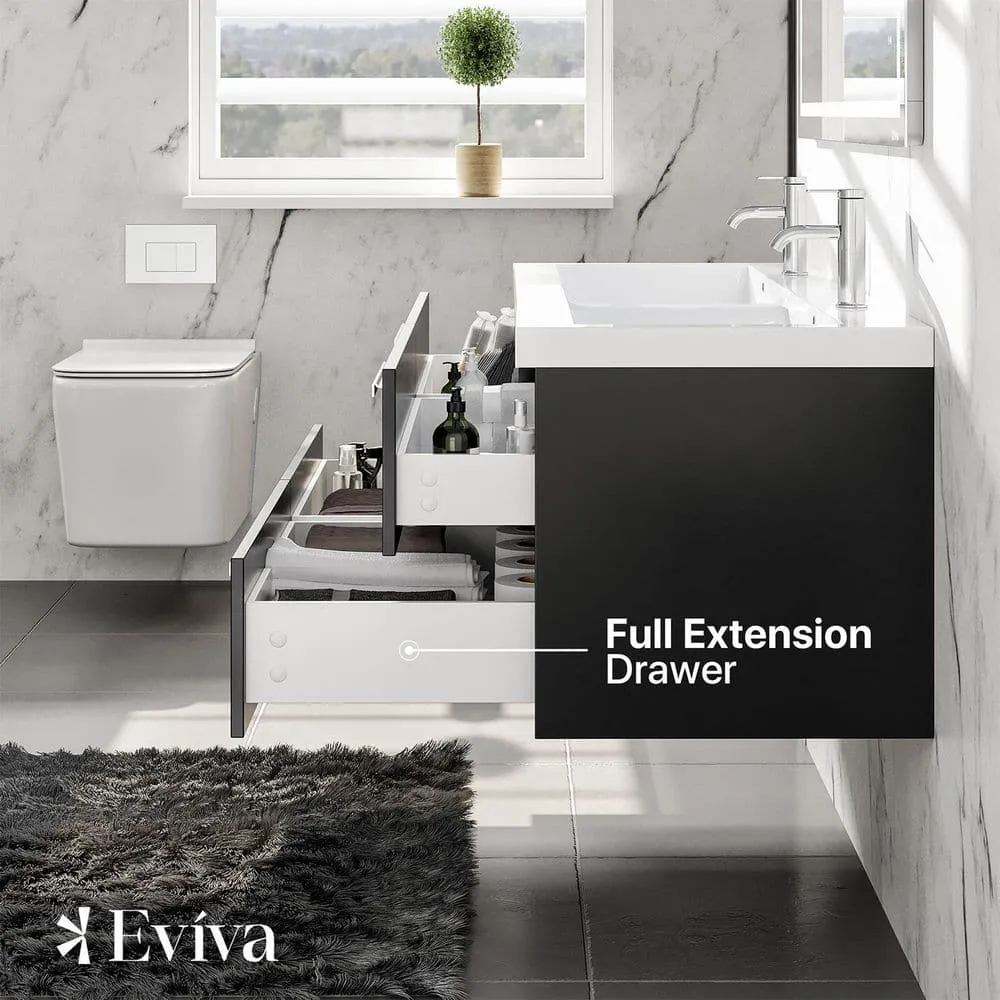 Eviva Surf 57 in. W x 19 in. D x 24 in. H Floating Bathroom Vanity, Black Wood, White Acrylic Double Sink Top, photo 6 of 8