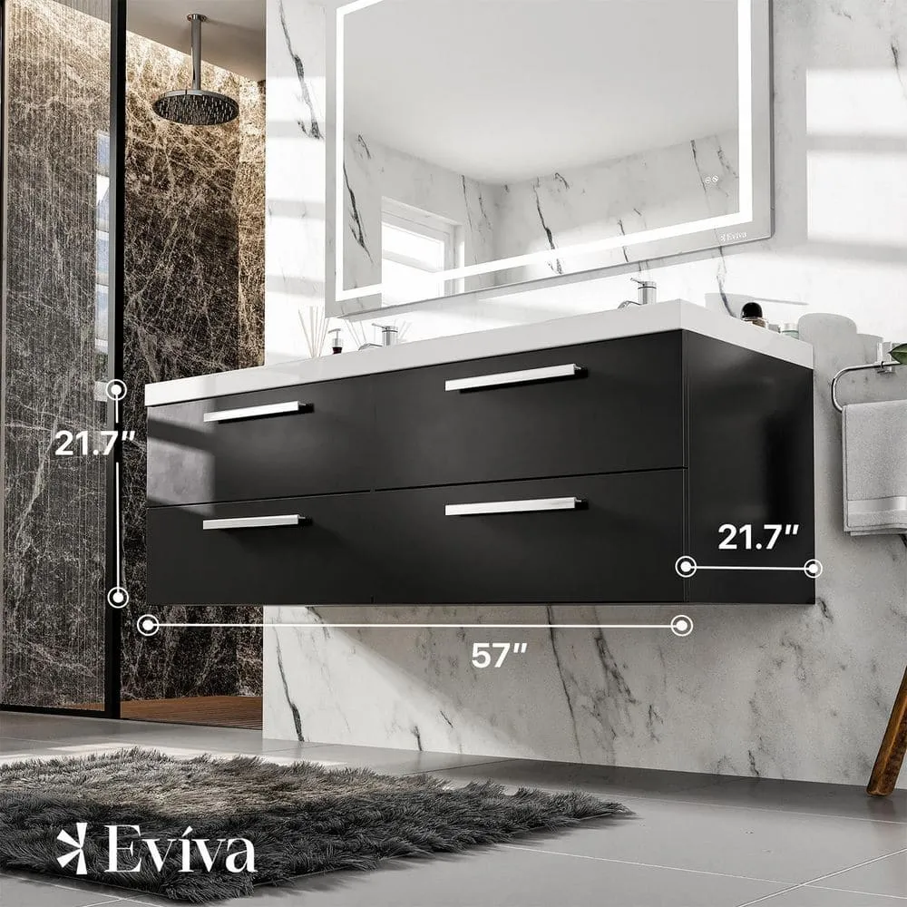 Eviva Surf 57 in. W x 19 in. D x 24 in. H Floating Bathroom Vanity, Black Wood, White Acrylic Double Sink Top, photo 3 of 8