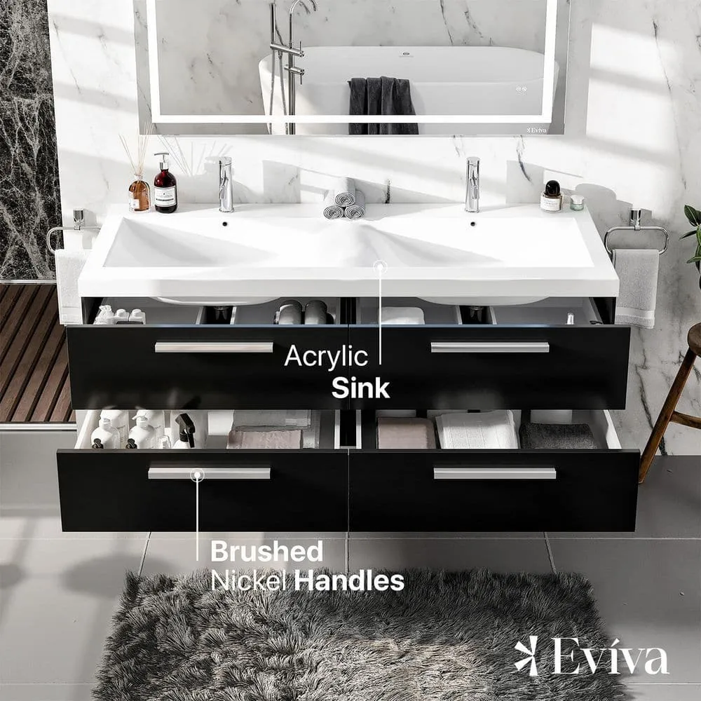 Eviva Surf 57 in. W x 19 in. D x 24 in. H Floating Bathroom Vanity, Black Wood, White Acrylic Double Sink Top, photo 4 of 8