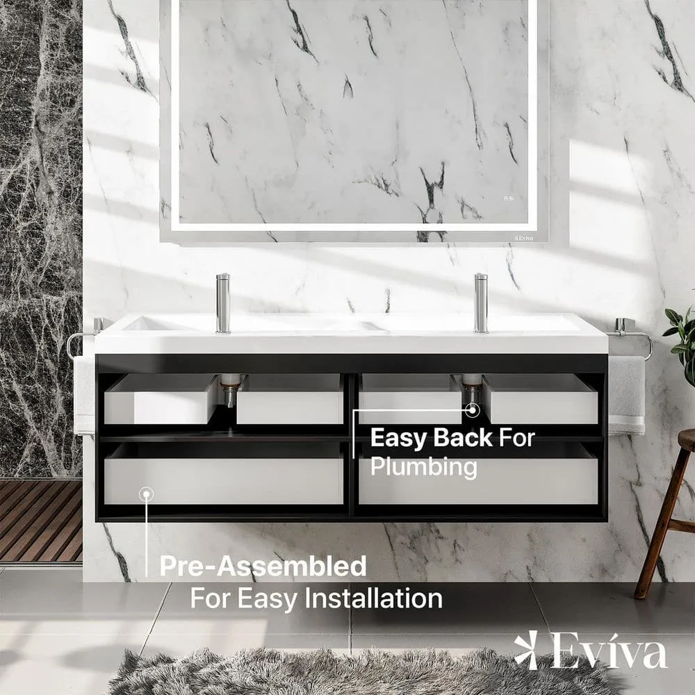 Eviva Surf 57 in. W x 19 in. D x 24 in. H Floating Bathroom Vanity, Black Wood, White Acrylic Double Sink Top, photo 7 of 8