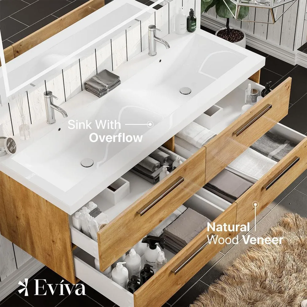 Eviva Surf 57 in. W x 20 in. D x 21.5 in. H Floating Bathroom Vanity in Natural Oak with White Acrylic Top and Double White Integrated Sinks, photo 5 of 8
