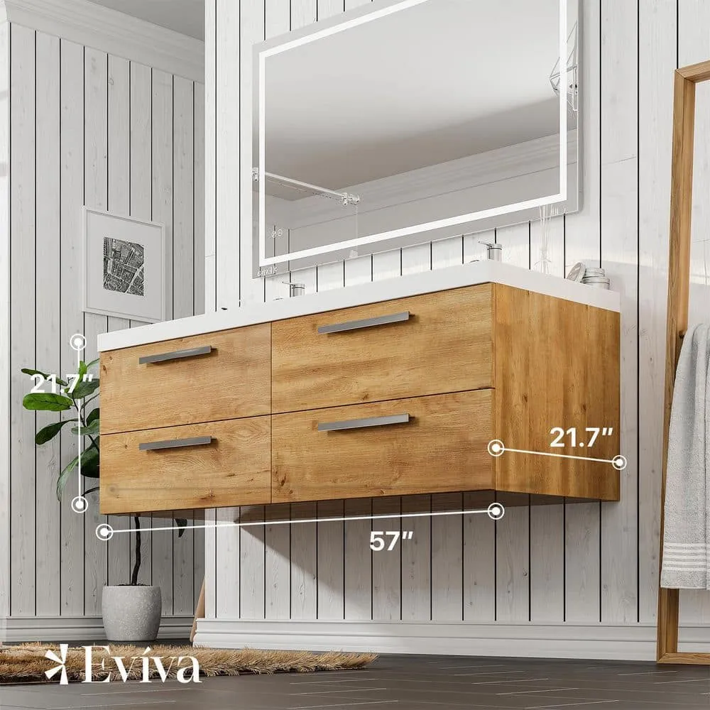 Eviva Surf 57 in. W x 20 in. D x 21.5 in. H Floating Bathroom Vanity in Natural Oak with White Acrylic Top and Double White Integrated Sinks, photo 3 of 8