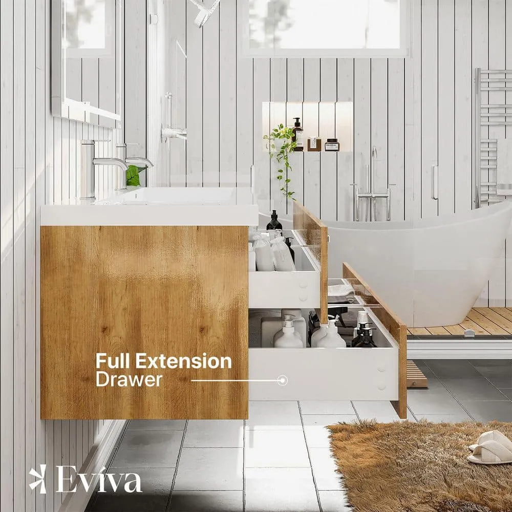 Eviva Surf 57 in. W x 20 in. D x 21.5 in. H Floating Bathroom Vanity in Natural Oak with White Acrylic Top and Double White Integrated Sinks, photo 6 of 8