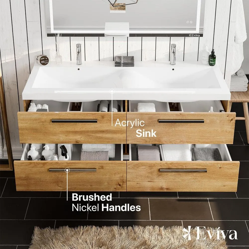 Eviva Surf 57 in. W x 20 in. D x 21.5 in. H Floating Bathroom Vanity in Natural Oak with White Acrylic Top and Double White Integrated Sinks, photo 4 of 8