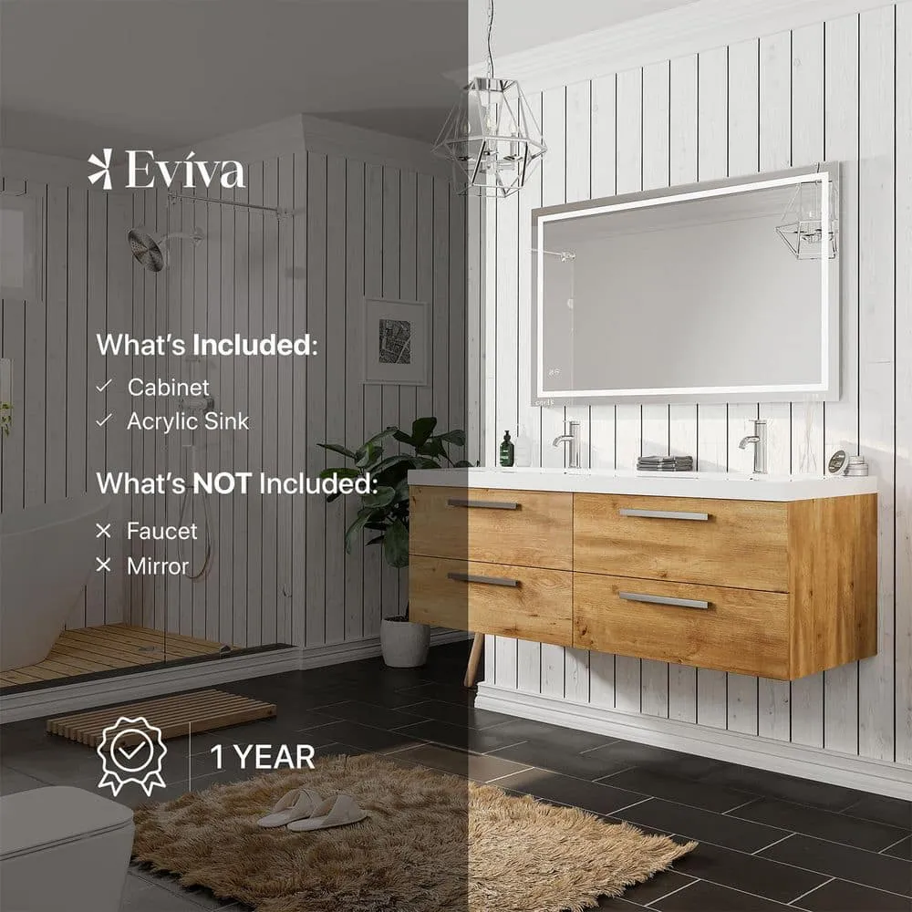 Eviva Surf 57 in. W x 20 in. D x 21.5 in. H Floating Bathroom Vanity in Natural Oak with White Acrylic Top and Double White Integrated Sinks, photo 8 of 8