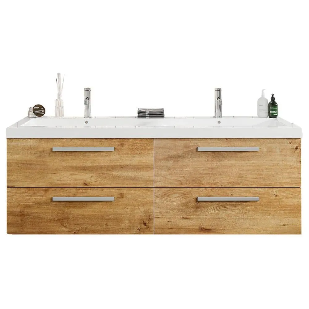 Eviva Surf 57 in. W x 20 in. D x 21.5 in. H Floating Bathroom Vanity in Natural Oak with White Acrylic Top and Double White Integrated Sinks, photo 2 of 8
