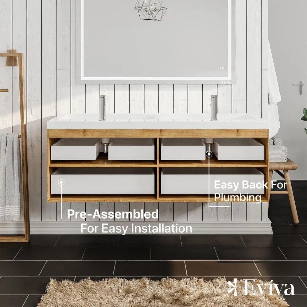 Eviva Surf 57 in. W x 20 in. D x 21.5 in. H Floating Bathroom Vanity in Natural Oak with White Acrylic Top and Double White Integrated Sinks, photo 7 of 8
