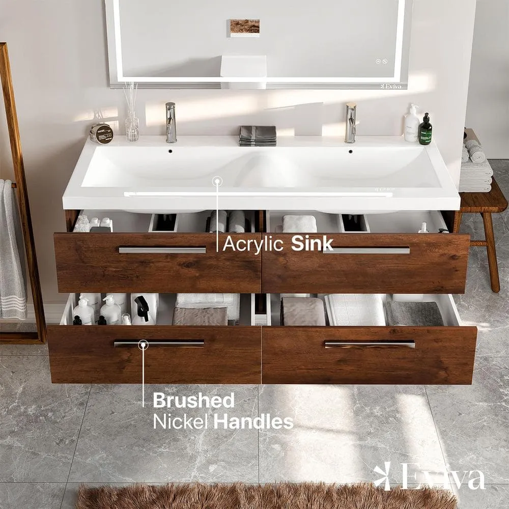Eviva Surf 57 in. W x 20 in. D x 21.5 in. H Rosewood Floating Bathroom Vanity with White Acrylic Top and Double White Sink, photo 5 of 8