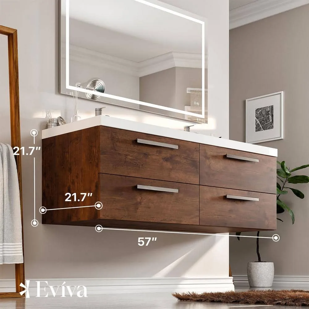 Eviva Surf 57 in. W x 20 in. D x 21.5 in. H Rosewood Floating Bathroom Vanity with White Acrylic Top and Double White Sink, photo 3 of 8