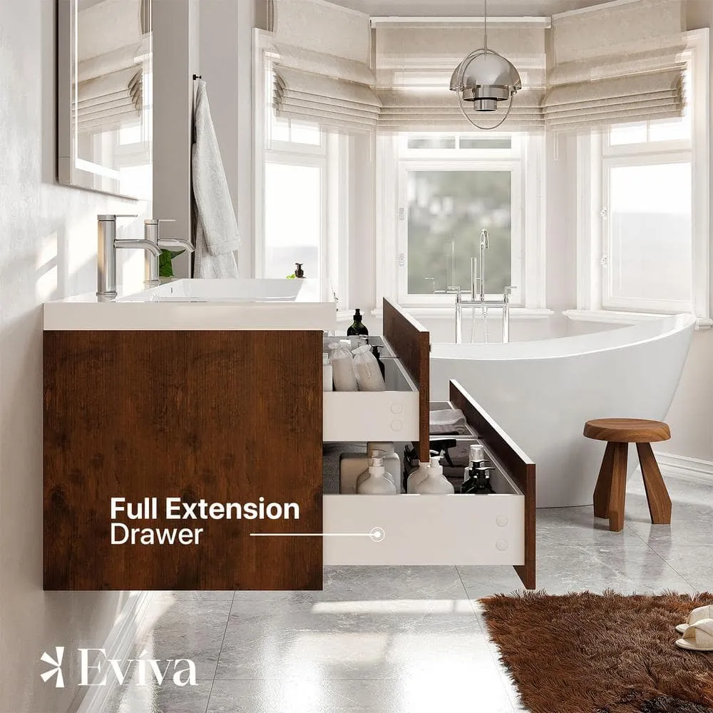 Eviva Surf 57 in. W x 20 in. D x 21.5 in. H Rosewood Floating Bathroom Vanity with White Acrylic Top and Double White Sink, photo 6 of 8