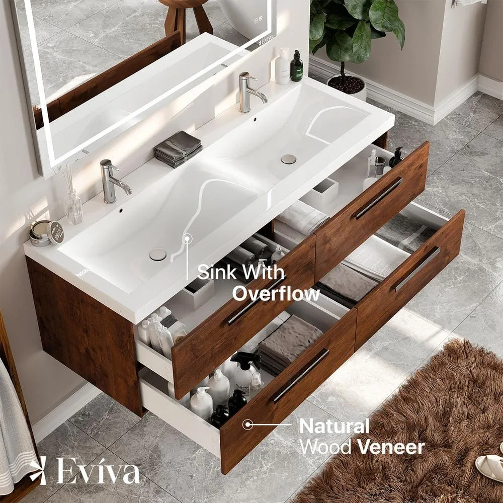 Eviva Surf 57 in. W x 20 in. D x 21.5 in. H Rosewood Floating Bathroom Vanity with White Acrylic Top and Double White Sink, photo 4 of 8