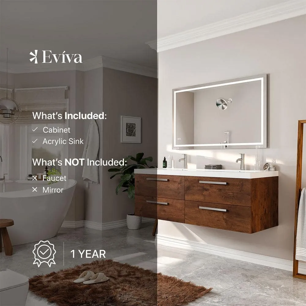 Eviva Surf 57 in. W x 20 in. D x 21.5 in. H Rosewood Floating Bathroom Vanity with White Acrylic Top and Double White Sink, photo 8 of 8