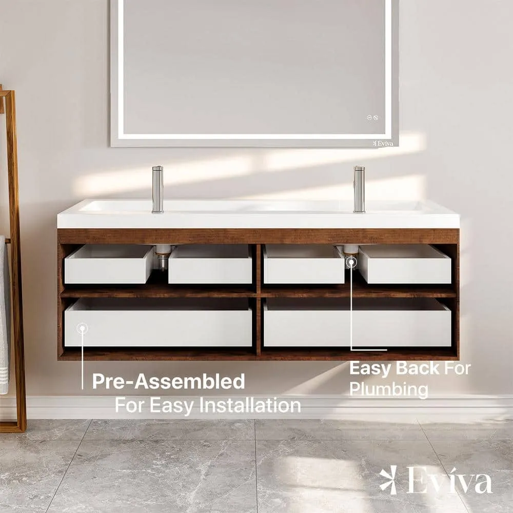 Eviva Surf 57 in. W x 20 in. D x 21.5 in. H Rosewood Floating Bathroom Vanity with White Acrylic Top and Double White Sink, photo 7 of 8
