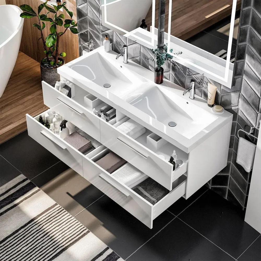 Eviva Surf 57 in. W x 19 in. D x 24 in. H Floating Double-Sink Bathroom Vanity in White with White Acrylic Top, photo 5 of 8