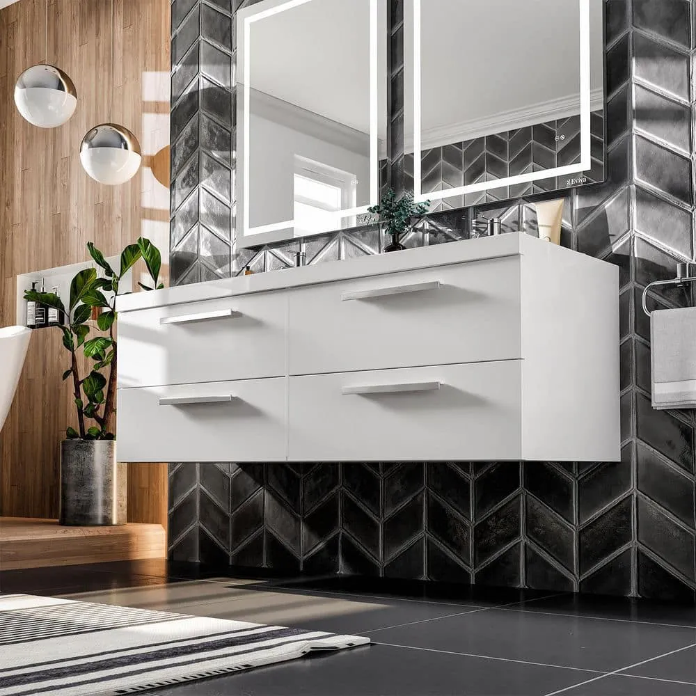 Eviva Surf 57 in. W x 19 in. D x 24 in. H Floating Double-Sink Bathroom Vanity in White with White Acrylic Top, photo 6 of 8