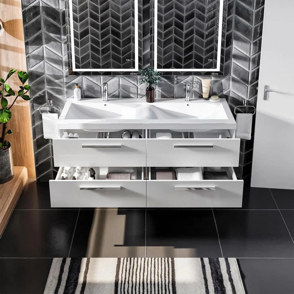 Eviva Surf 57 in. W x 19 in. D x 24 in. H Floating Double-Sink Bathroom Vanity in White with White Acrylic Top, photo 4 of 8