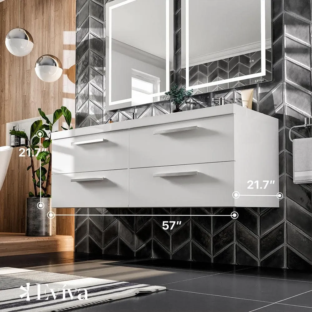 Eviva Surf 57 in. W x 19 in. D x 24 in. H Floating Double-Sink Bathroom Vanity in White with White Acrylic Top, photo 3 of 8