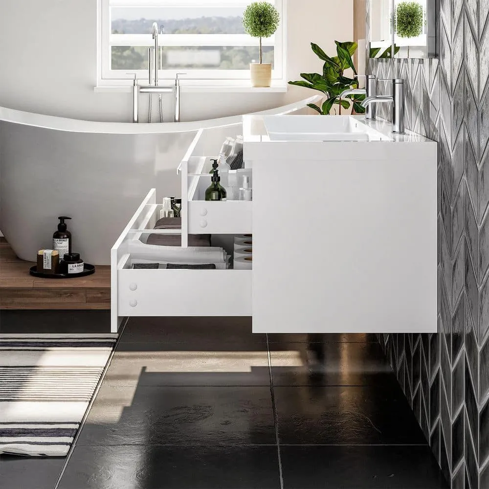 Eviva Surf 57 in. W x 19 in. D x 24 in. H Floating Double-Sink Bathroom Vanity in White with White Acrylic Top, photo 7 of 8