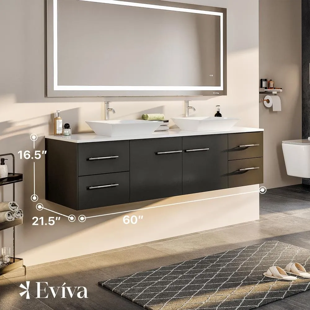 Eviva Totti Wave 60 in. W x 16 in. D x 22 in. H Floating Double Bathroom Vanity in Espresso with White Glassos Top and White Vessel Sinks, photo 5 of 8