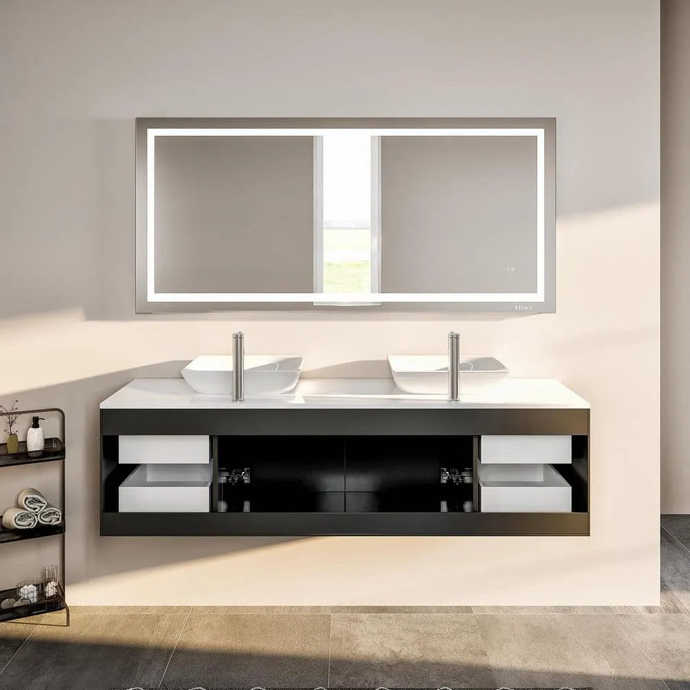 Eviva Totti Wave 60 in. W x 16 in. D x 22 in. H Floating Double Bathroom Vanity in Espresso with White Glassos Top and White Vessel Sinks, photo 8 of 8